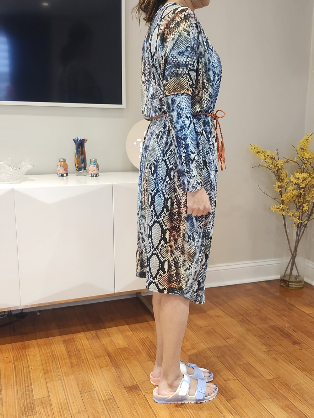 Blue Snake-Print Midi Dress with Waist Tie